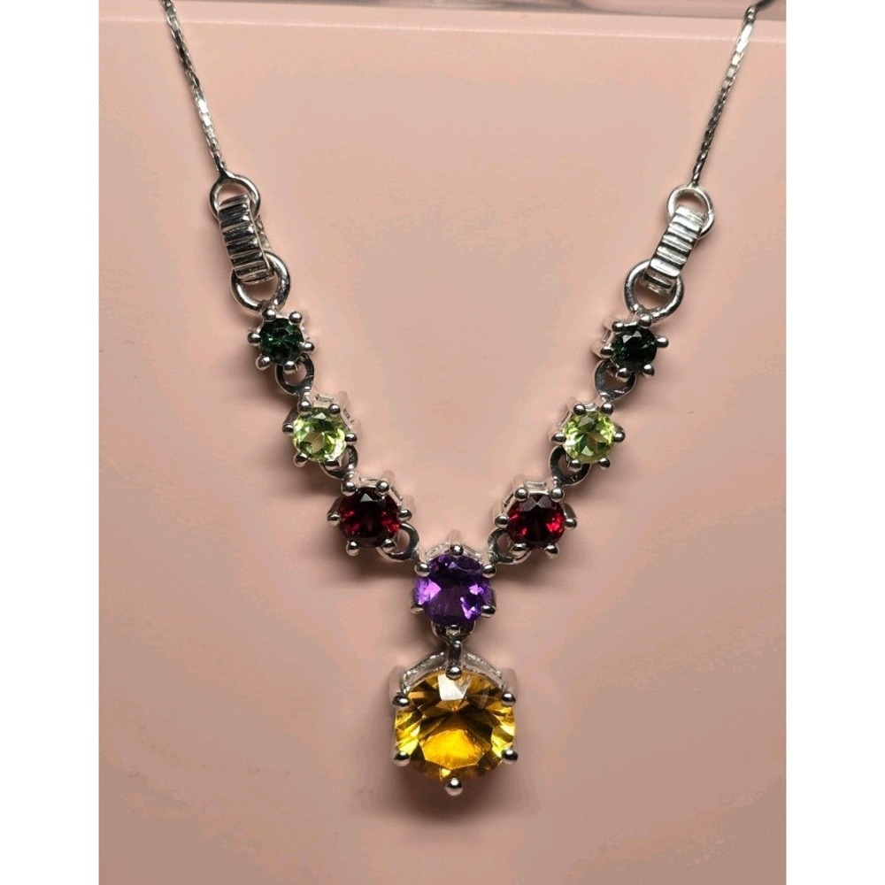 Multi‎ Color Stones 18" Necklace Box Link Chain .925 Sterling Silver Italy